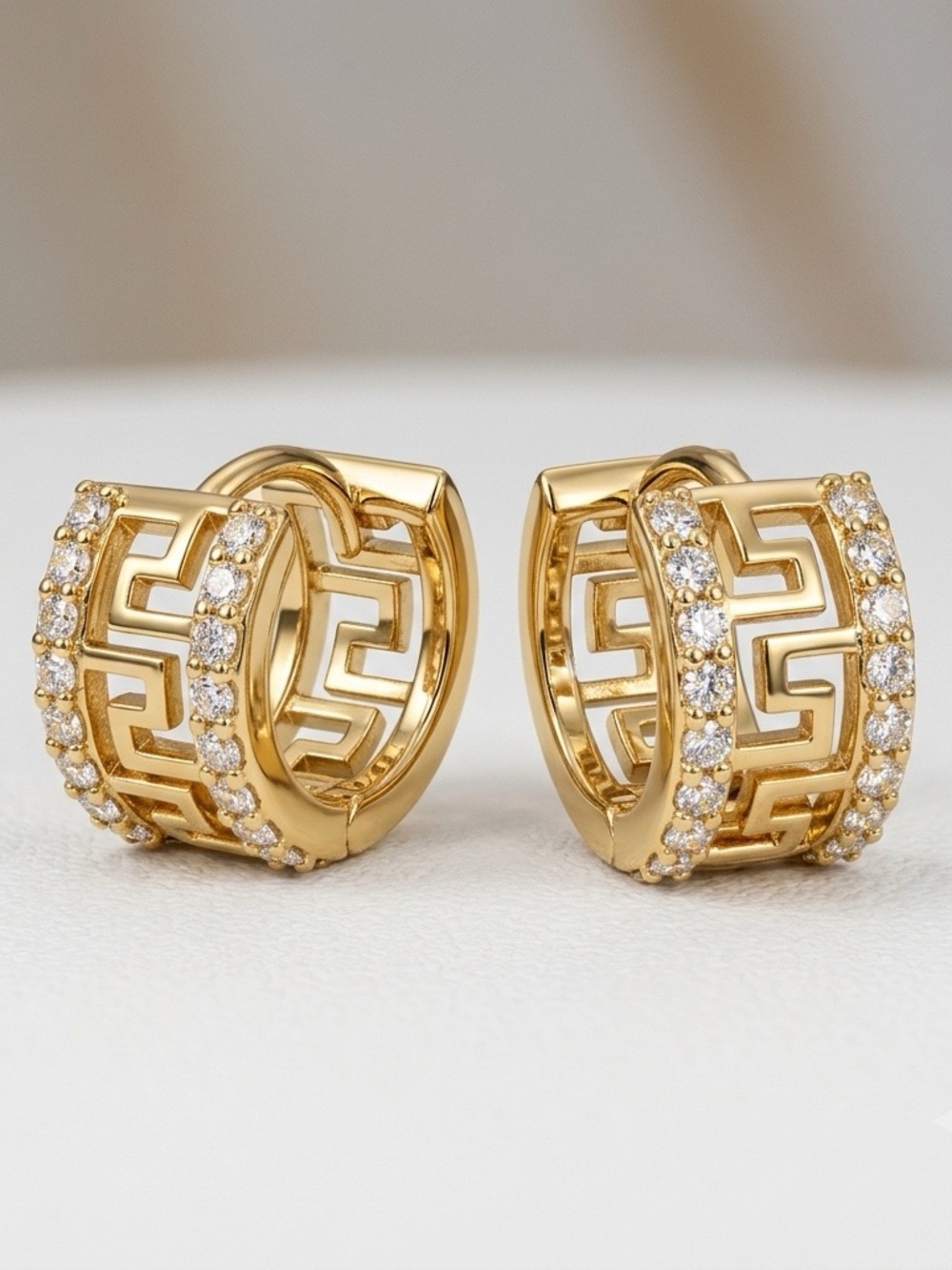 Tiny Greek Meander Hoop Earrings 14K Gold Plated Pave Crystal Water Resistant